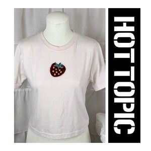 Hot Topic Pink Embroidered Strawberry Short Sleeve Crop T Shirt Top Size S